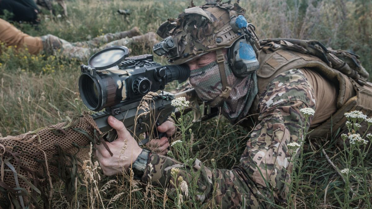 DONETSK OBLAST, UKRAINE - JULY 9: Sniper of the 1st brigade of National Guard "Bureviy' takes part in a military training in Donetsk Oblast, Ukraine on July 9, 2024. Ukrainian snipers are highly trained and capable of causing damage, and are therefore a priority target for Russian troops. Their frontline tasks include shooting down soldiers at Russian observation posts, providing observation to assist artillery fire, and stopping Russian waves when they attack. (Photo by Pablo Miranzo/Anadolu via Getty Images)