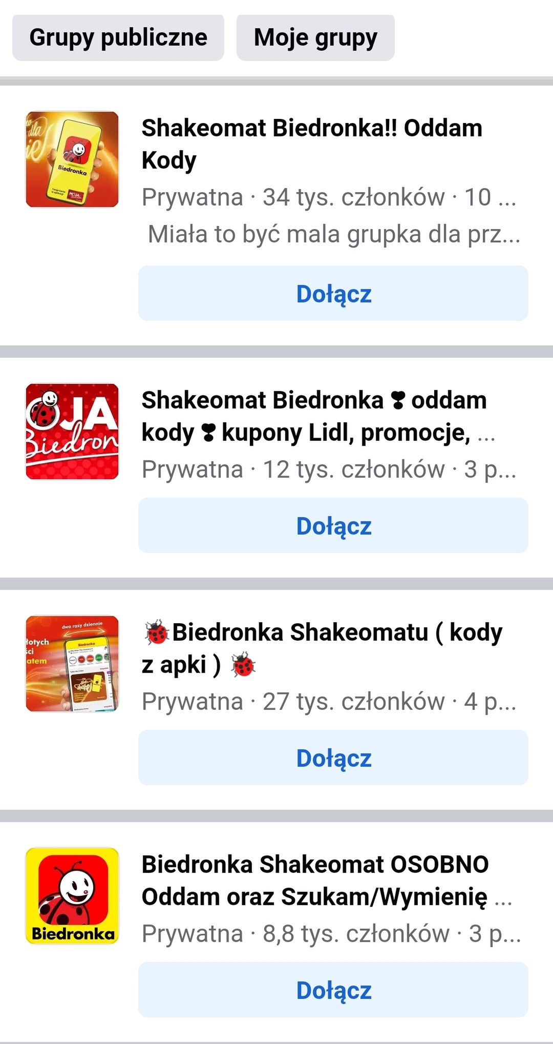 Screen grup na Facebooku oferujących wymianę kodów promocyjnych