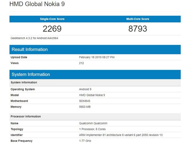 Nokia 9 w bazie programu Geekbench