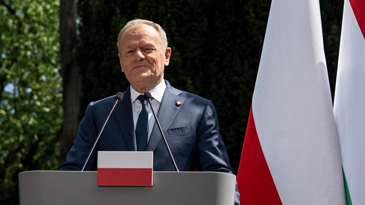 Donald Tusk, Poland's prime minister, during a news conference with Peter Magyar, Hungary's prime minister, in Warsaw, Poland, on Wednesday, May 20, 2026. Magyar starts the three-day trip in Krakow as the face of democratic rebirth in Hungary, following his landslide election victory last month on a pledge to dismantle Viktor Orban, former Hungary prime minister, 's self-styled illiberal state. Photographer: Damian Lemanski/Bloomberg via Getty Images
