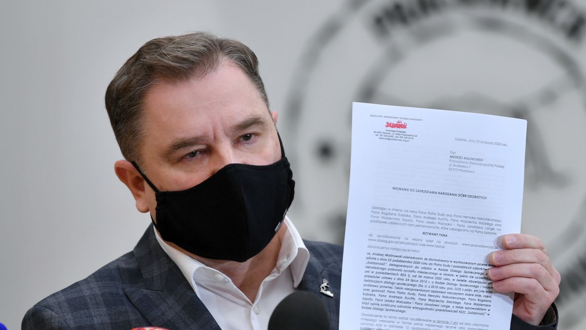 Przewodniczący NSZZ Solidarność Piotr Duda podczas konferencji prasowej w siedzibie Komisji Krajowej w Gdańsku