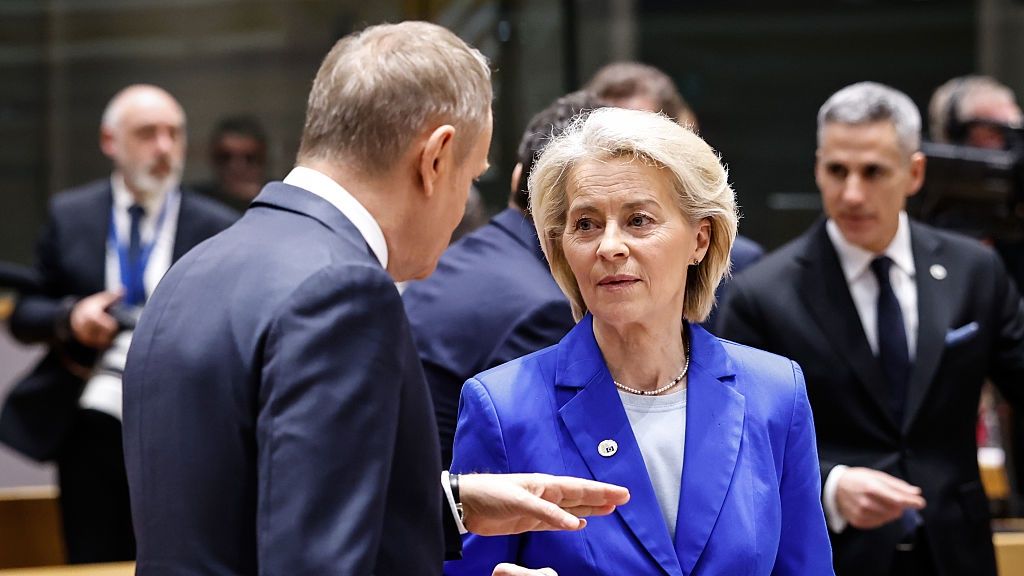 EU Leaders Discuss Middle East Upheaval And Bolstering Competitiveness At Summit
Donald Tusk, Poland's prime minister, left, and Ursula von der Leyen, president of the European Commission, at a European Council meeting in Brussels, Belgium, on Thursday, March 19, 2026. EU leaders plan to discuss the Middle East upheaval and bolstering competitiveness at the summit. Photographer: Simon Wohlfahrt/Bloomberg via Getty Images
Bloomberg
brussels, emea, e.u., eu, economic, monetary union, european, trade, belgian, euro members, summit, conference, speakers, forum