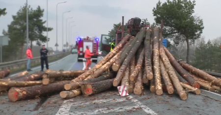 Z naczepy spadły kłody drewna. Uszkodzone cztery auta, są ranni