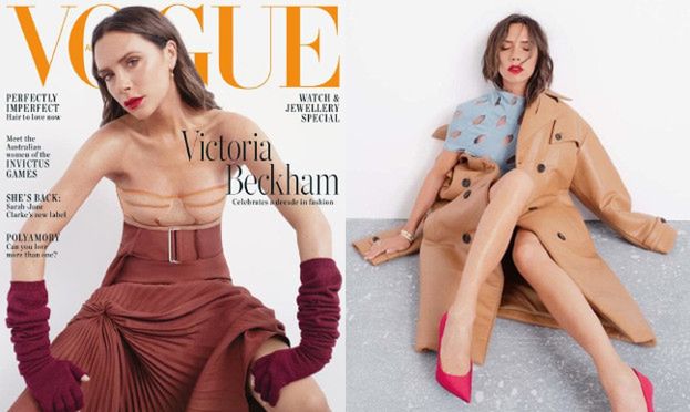 Rozkraczona Victoria Beckham leniwie spogląda z okładki "Vogue'a"