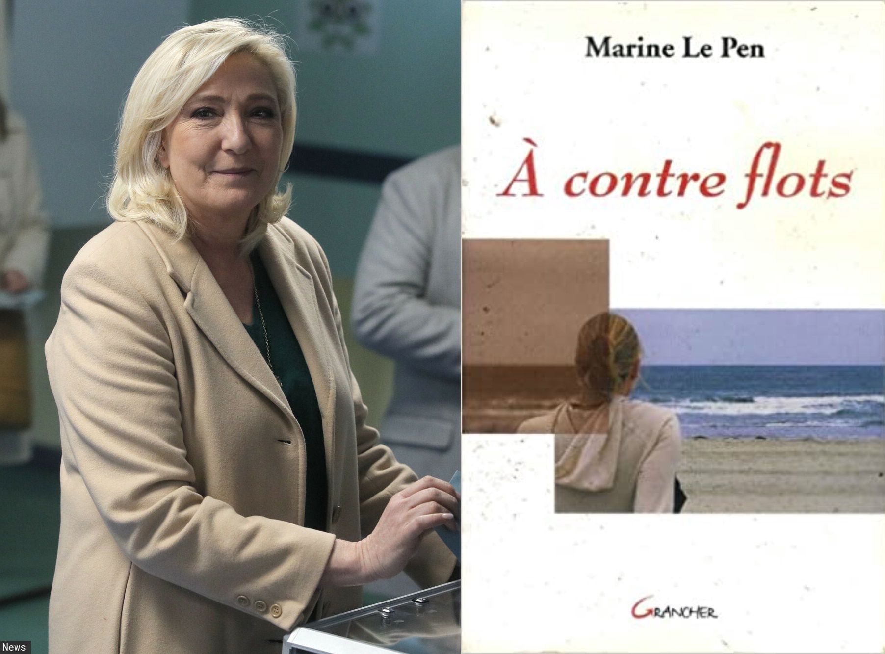 Marine Le Pen obok okładki swojej pierwszej książki "Pod prąd" z 2006 r.