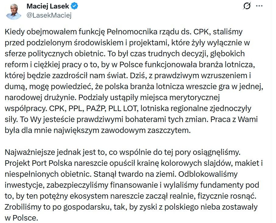 Poseł PO podsumowuje swój czas w CPK