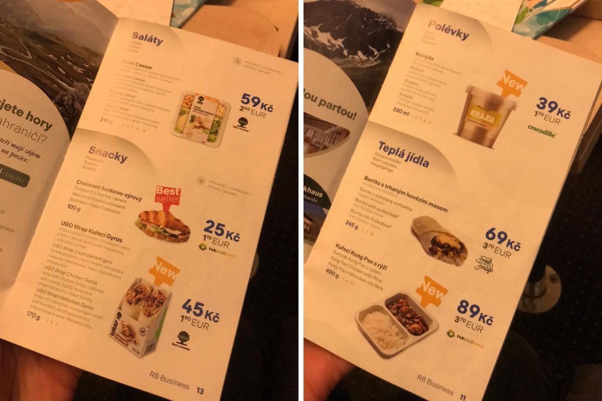 Menu w czeskim RegioJet