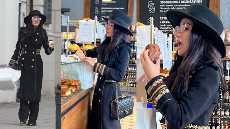 Justyna Steczkowska wcina pączka w cukierni