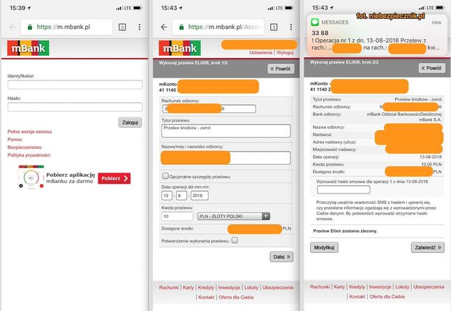 Zlecenie przelewu w mBanku w bankowości mobilnej, istotne w kontekście innego ataku z 2018 roku, źródło: Niebezpiecznik.