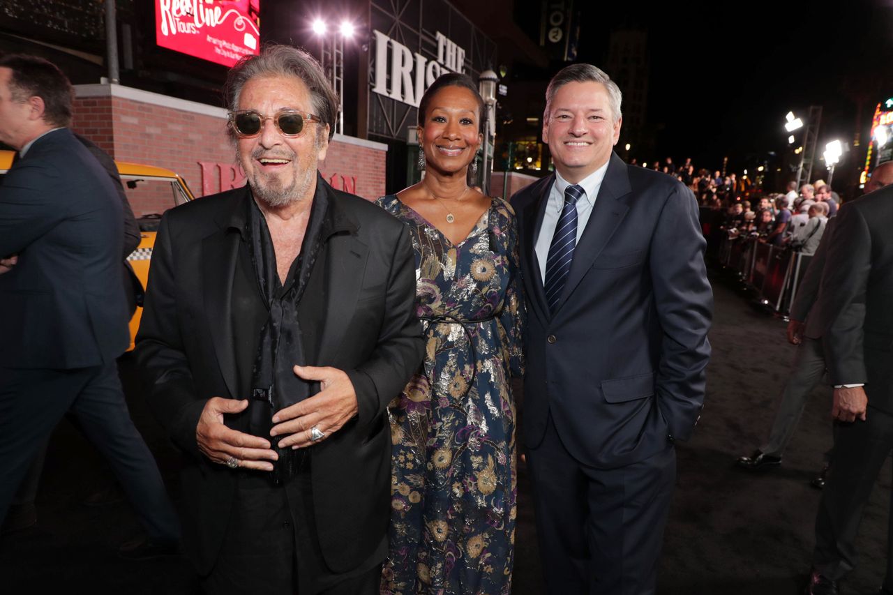 Al Pacino, Ambassador Nicole Avant, Ted Sarandos, Chief Content Officer, Netflix, 
 seen at Netflix THE IRISHMAN Los Angeles premiere at TCL Chinese Theatre, Los Angeles, CA, USA - 24 October 2019 (Photo by Eric Charbonneau/Getty Images for Netflix)