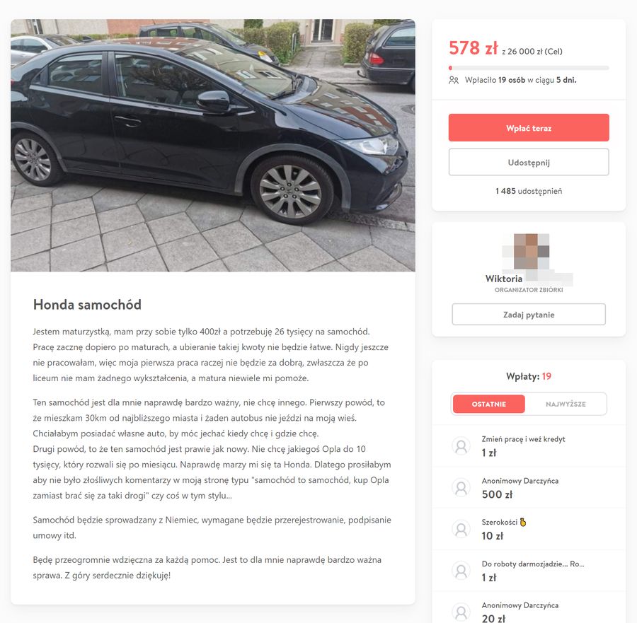 Zbiórka na Pomagam.pl - maturzystka potrzebuje aż 26 tysięcy złotych na samochód.