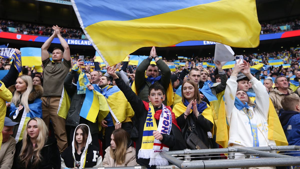 LONDON, ENGLAND - MARCH 26: Ukraine fans during the UEFA EURO 2024 qualifying round group C match between England and Ukraine at Wembley Stadium on March 26, 2023 in London, United Kingdom. (Photo by Jacques Feeney/Offside/Offside via Getty Images)