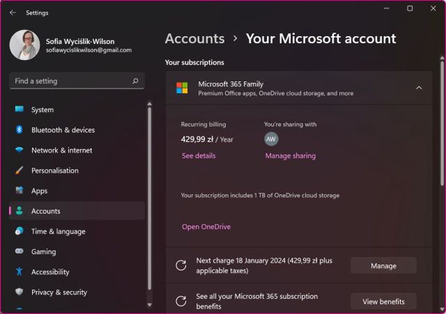 Ustawienia konta Microsoft w Windows 11
