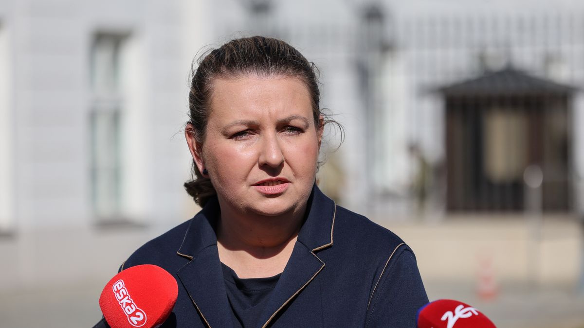 Warszawa, 29.03.2024. Sekretarz stanu w Kancelarii Prezydenta RP Małgorzata Paprocka podczas konferencji prasowej przed Pałacem Prezydenckim w Warszawie, 29 bm. Prezydent zawetował nowelizację Prawa farmaceutycznego dotyczącą tabletki "dzień po". (mr) PAP/Paweł Supernak