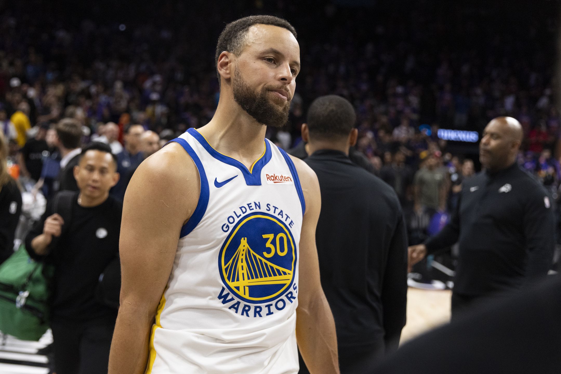 Golden State Warriors guard Stephen Curry (30) is seen after his NBA play-in tournament game against the Phoenix Suns at Mortgage Matchup Center in Phoenix, Ariz., Friday, April 17, 2026. The Suns defeated the Warriors 111-96. (Photo by Stephen Lam/San Francisco Chronicle via Getty Images)