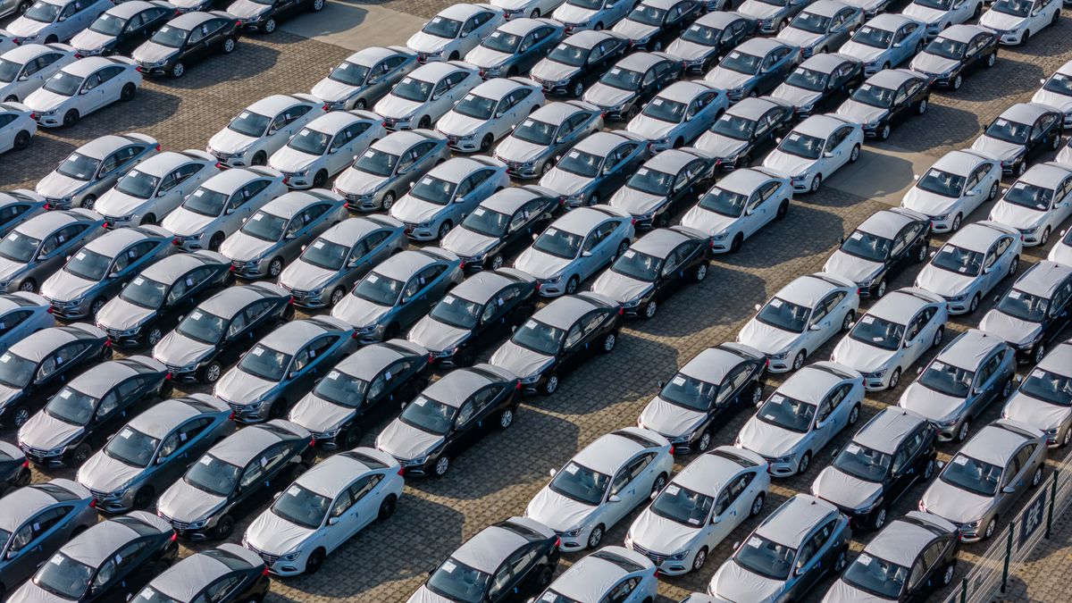 ZHENGZHOU, CHINA - MAY 06 2024: An aerial view of new cars to be exported at a railway freight yard in Zhengzhou city in central China's Henan province. (Photo credit should read Feature China/Future Publishing via Getty Images)