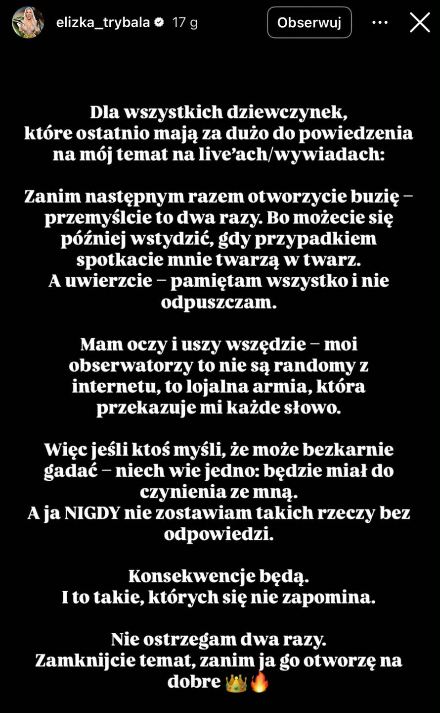 InstaStory Elizy Trybały