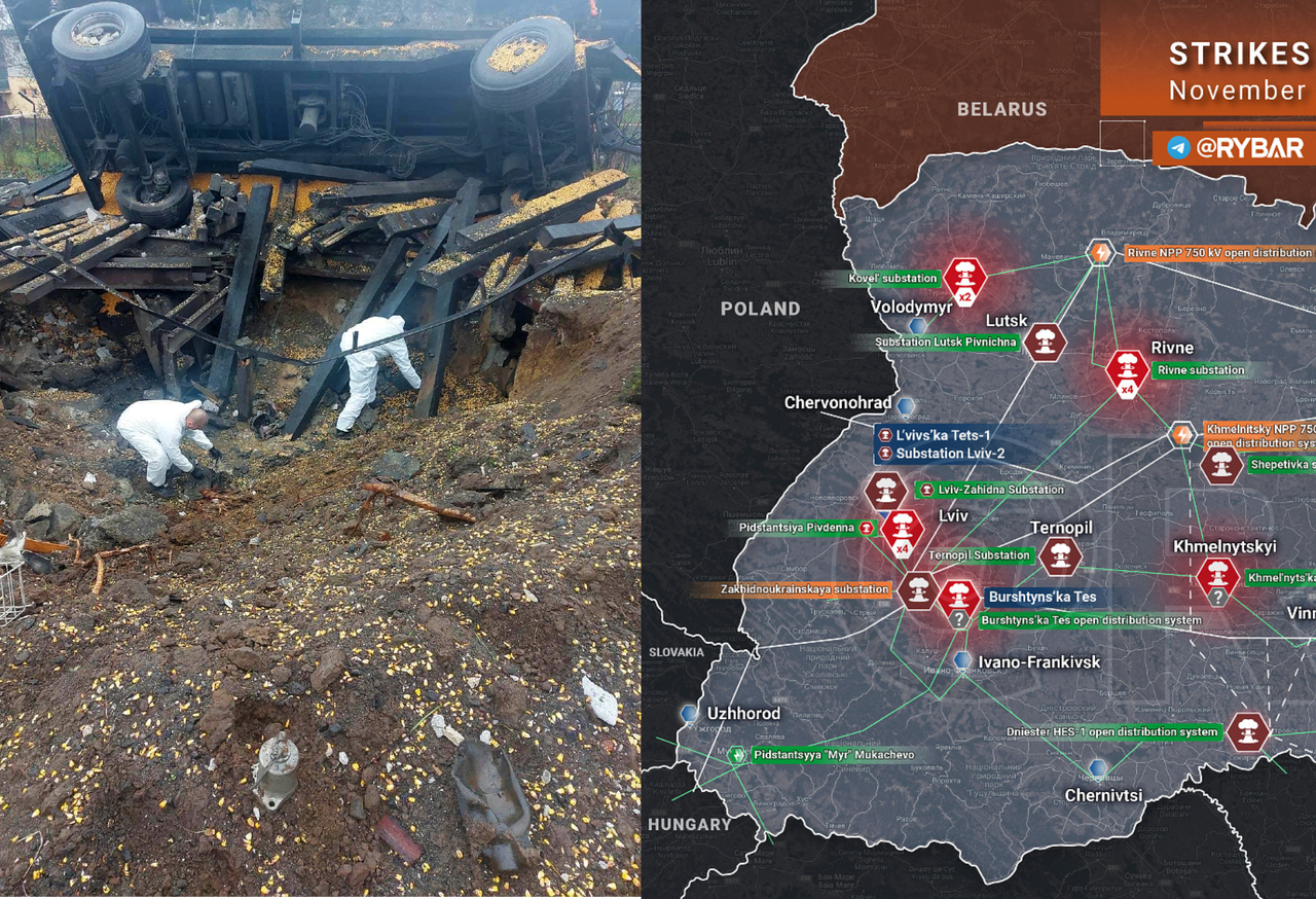 Przewodów. Miejsce wybuchu badają policyjni eksperci. Na grafice obok mapa rosyjskich ataków na cele infrastruktury energetycznej w Ukrainie