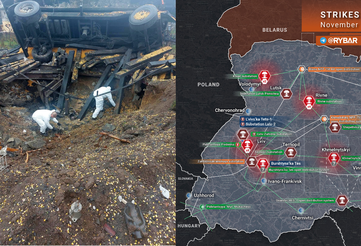 Przewodów. Miejsce wybuchu badają policyjni eksperci. Na grafice obok mapa rosyjskich ataków na cele infrastruktury energetycznej w Ukrainie