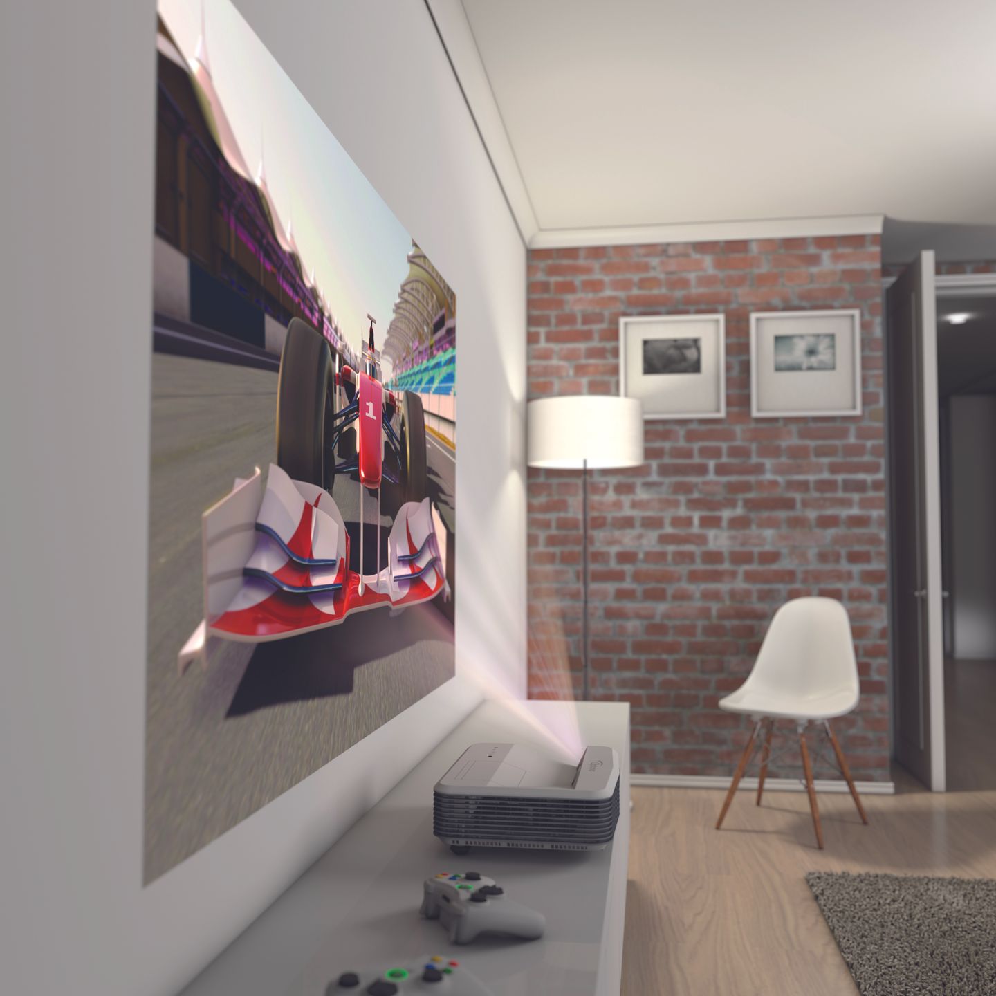 Projekcja w systemie ultrakrótkiego rzutu (UST), gdzie projektor może wygenerować obraz o przekątnej 100 cali, stojąc na półce tradycyjnie przystosowanej pod telewizor.
