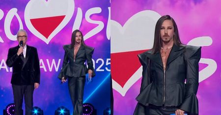 Michał Szpak w skórzanym komplecie i z dekoltem na wierzchu spełnia się w roli prowadzącego preselekcje do Eurowizji 2025