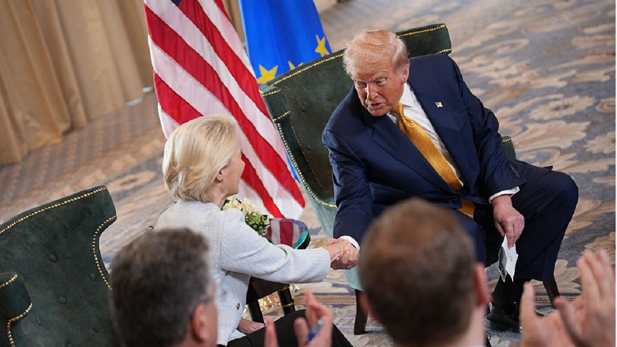 U.S. President Donald Trump Visits Scotland For Golfing Getaway
TURNBERRY, SCOTLAND - JULY 27: U.S. President Donald Trump shakes hands with President of the European Commission Ursula von der Leyen as he announces a trade deal with the EU at Trump Turnberry golf club on July 27, 2025 in Turnberry, Scotland. U.S. President Donald Trump is visiting his Trump Turnberry golf course, as well as Trump International Golf Links in Aberdeenshire, during a brief visit to Scotland from July 25 to 29. (Photo by Andrew Harnik/Getty Images)
Andrew Harnik