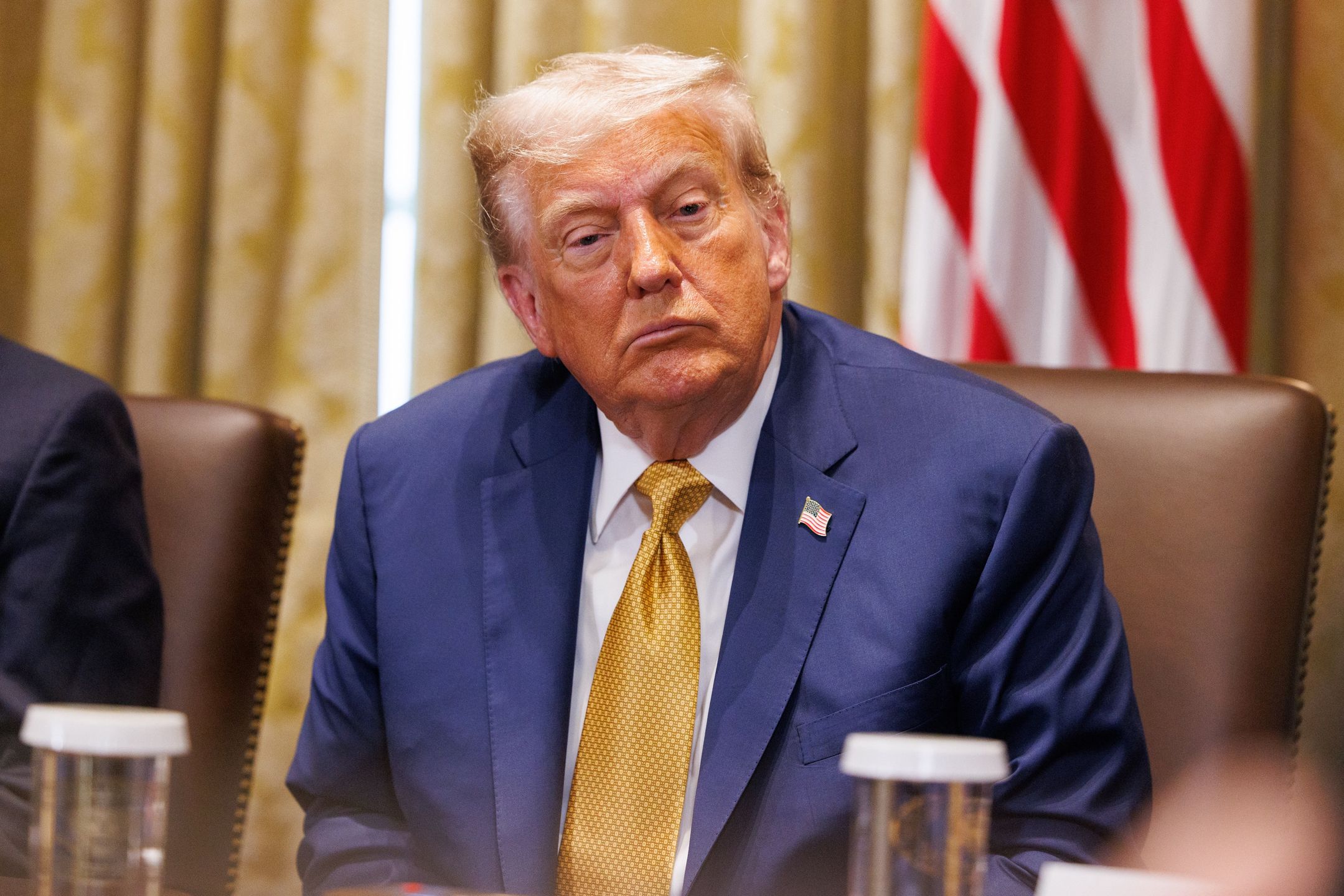 US President Donald Trump during a cabinet meeting at the White House in Washington, DC, US, on Tuesday, July 8, 2025. Trump said his administration is weighing whether to take control of the city of Washington, DC, to help combat crime, in a move that would represent a dramatic upheaval to the capital's half-century of home rule. Photographer: Aaron Schwartz/CNP/Bloomberg via Getty Images
