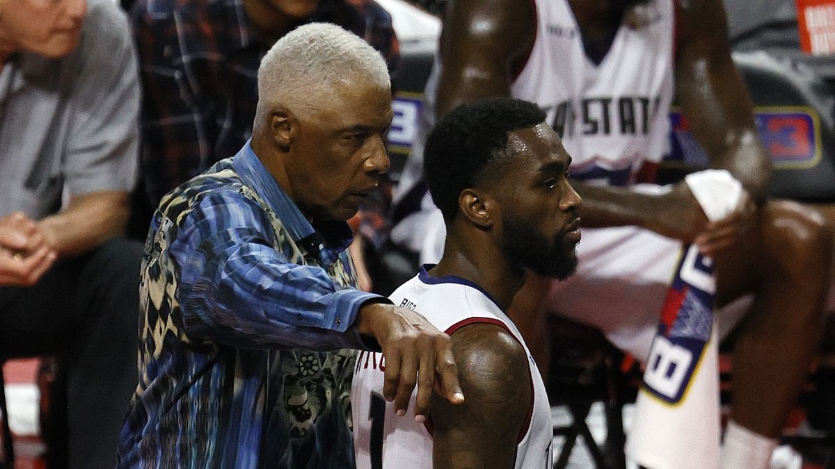 LAS VEGAS, NEVADA - JULY 24: Head coach Julius Irving of Tri-State talks with Tony Wroten #1 against Ghost Ballers during week three of the BIG3 at the Orleans Arena on July 24, 2021 in Las Vegas, Nevada. (Photo by Ethan Miller/Getty Images)