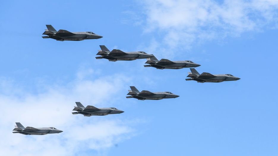 SEONGNAM, SOUTH KOREA - 2024/09/25: South Korea's F-35 Lightning II stealth multirole combat aircraft squadron seen during the 76th anniversary of Armed Forces Day pre-media day at Seoul Air Force Base. Armed Forces Day in South Korea is celebrated annually on October 1. It commemorates the service of men and women in the Republic of Korea Armed Forces and marks the day South Korean forces broke through the 38th parallel during the Korean War in 1950. (Photo by Kim Jae-Hwan/SOPA Images/LightRocket via Getty Images)