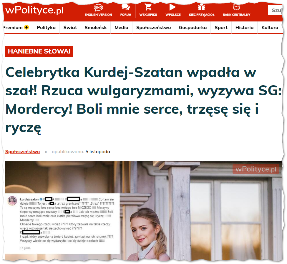 Zrzut ekranu prezentujący pierwszą informację nt. wpisu B. Kurdej-Szatan w serwisie wPolityce.pl