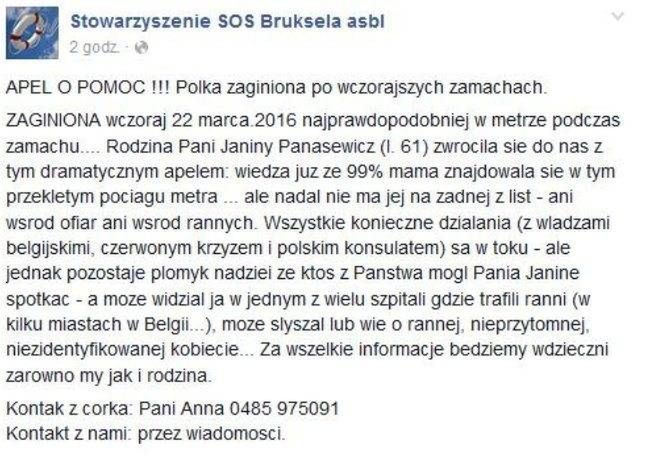 Janina Panasewicz zaginęła po zamachac w Brukseli