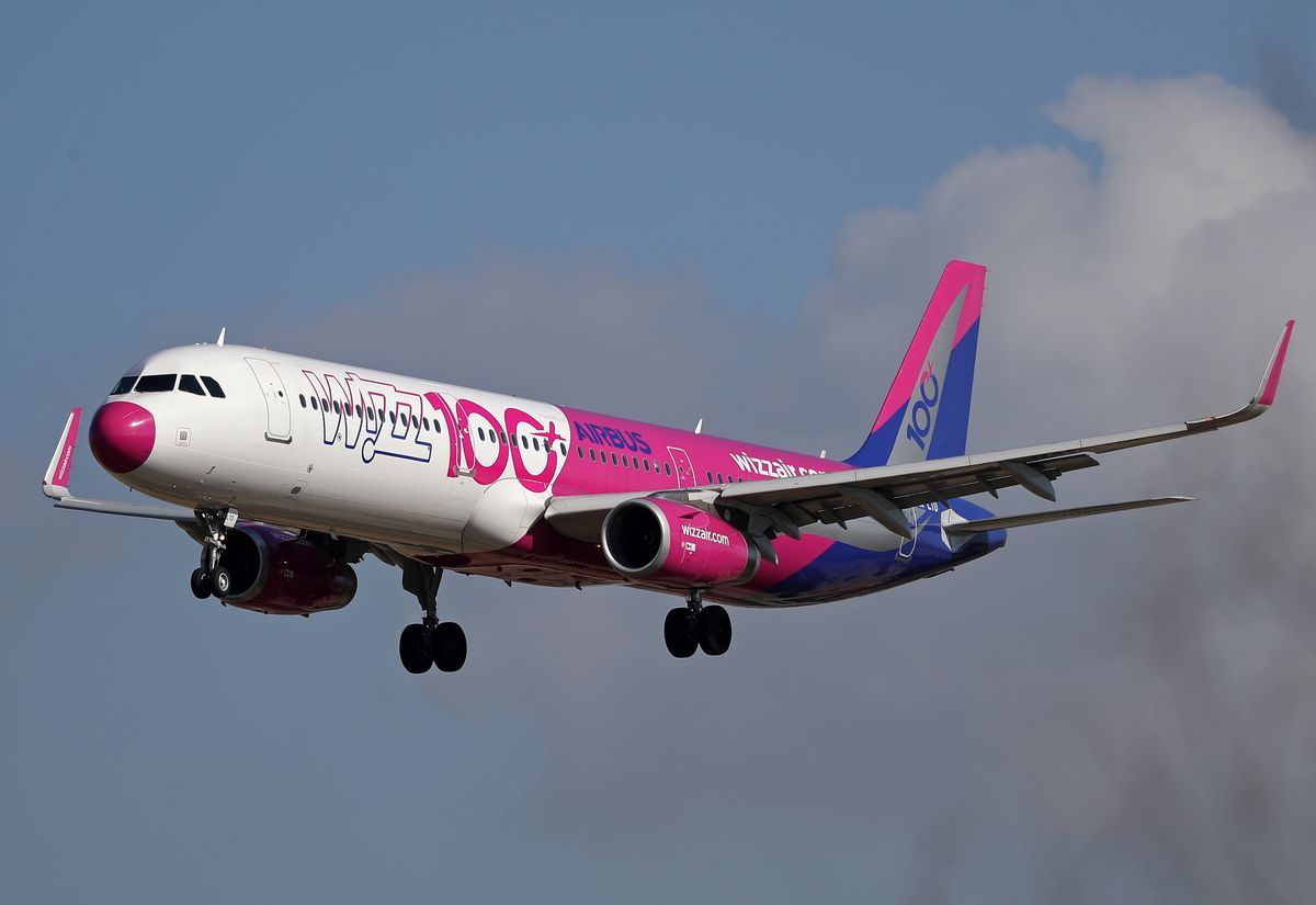 Airbus A321-231, from Wizz Air (100 Livery) company, getting ready to land at Barcelona airport, in Barcelona on 10th february 2022. 
 -- (Photo by Urbanandsport/NurPhoto via Getty Images)