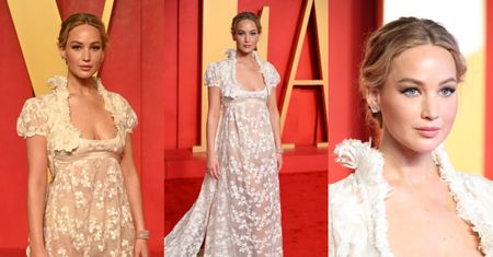 Jennifer Lawrence eksponuje BIELIZNĘ w archiwalnej, prześwitującej sukni na afterparty "Vanity Fair" (ZDJĘCIA)