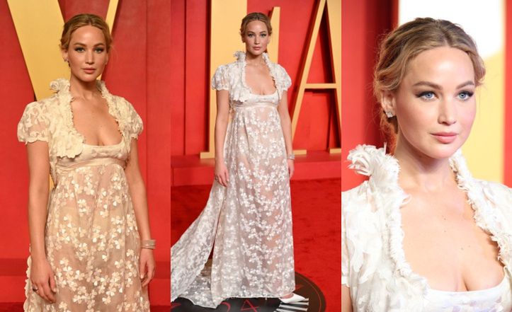 Jennifer Lawrence eksponuje BIELIZNĘ w archiwalnej, prześwitującej sukni na afterparty "Vanity Fair" (ZDJĘCIA)