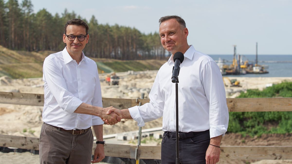 President Andzej Duda (R) and PM Mateusz Morawiecki (L) visiting the construction site of a waterway connecting the Vistula Lagoon with the Gulf of Gdansk are seen in Nowy Swiat, Vistula Spit, Poland on 1 July 2021 Controversial The Vistula Spit canal is curently under construction canal across the Polish section of the Vistula Spit that will create a second connection between the Vistula Lagoon and Gdansk Bay (Baltic Sea) (Photo by Michal Fludra/NurPhoto via Getty Images)