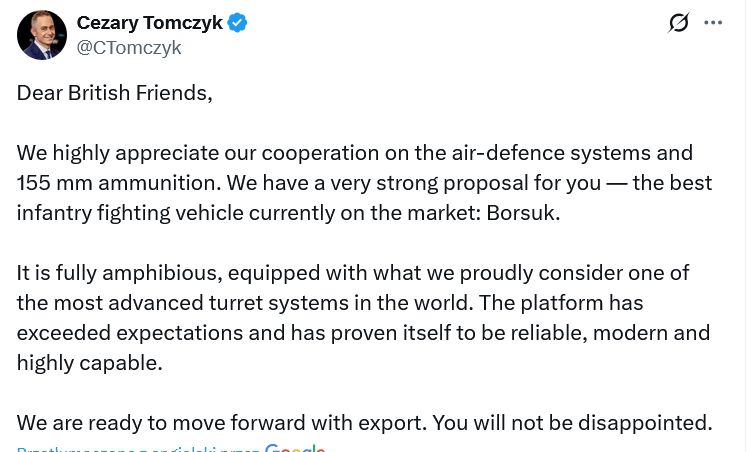 Wiceszef MON-u zaproponował Brytyjczykom zakup Borsuka