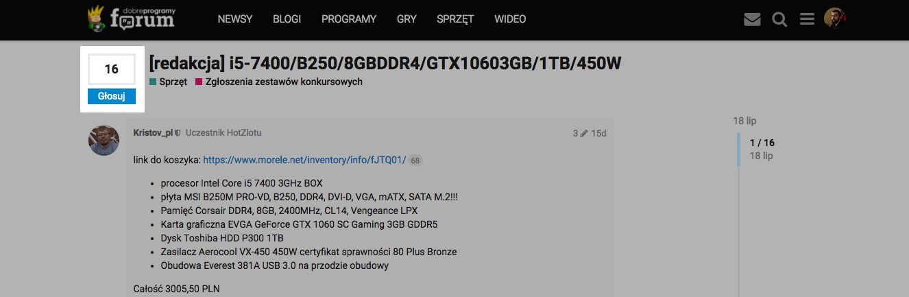 Wystarczy przejść do wątku i kliknąć przycisk Głosuj przy jego tytule. Głosować można nieograniczoną liczbę razy, ale tylko raz na jedną konfigurację.