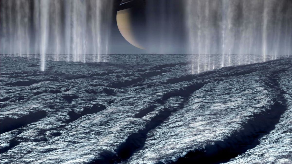 Saturn na niebie Enceladusa. Wizualizacja