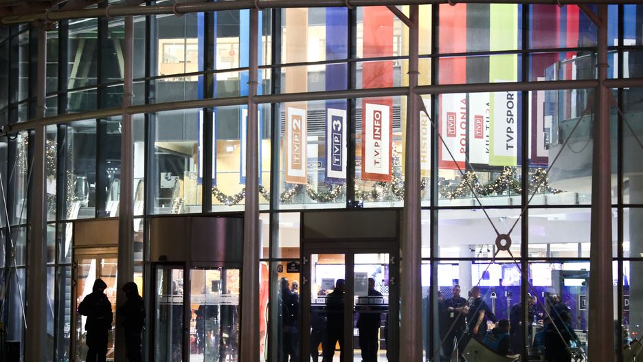 WARSAW, POLAND - DECEMBER 21: A view of the public tv channel TVP headquarters in Warsaw, Poland on December 21, 2023. A day earlier broadcast of the TVP Info news channel has been stopped as the new director board formed by the new government took power. TVP was considered as propaganda channel under the former Law and Justice Party government and setting a new management of the state-owned tv, radio and agency was one of the election postulates of the new ruling Civic Platform party. (Photo by Jakub Porzycki/Anadolu via Getty Images)