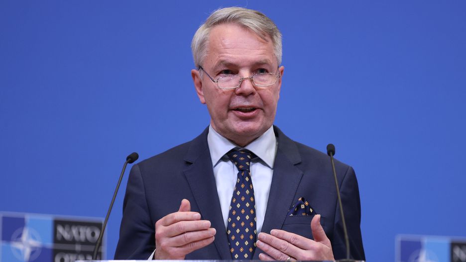 BRUSSELS, BELGIUM - JANUARY 24: NATO Secretary General Jens Stoltenberg, Swedish Foreign Minister Ann Linde and Finnish Foreign Minister Pekka Haavisto hold a joint press conference after their meeting at NATO headquarters in Brussels, Belgium on January 24, 2022. (Photo by Dursun Aydemir/Anadolu Agency via Getty Images)