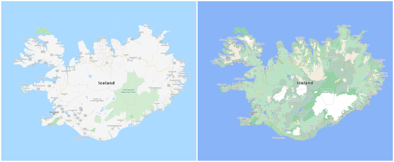 Islandia przed zmianami (lewo) i po zmianach (prawo), fot. Google