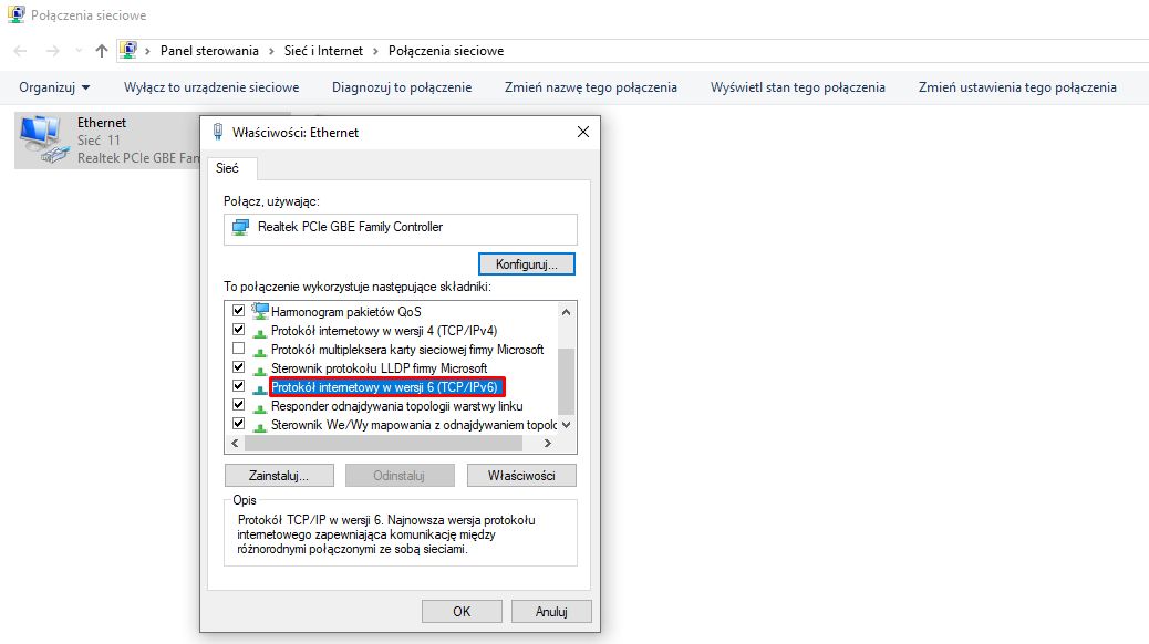 Właściwości połączenia sieciowego – tu można włączyć obsługę IPv6.