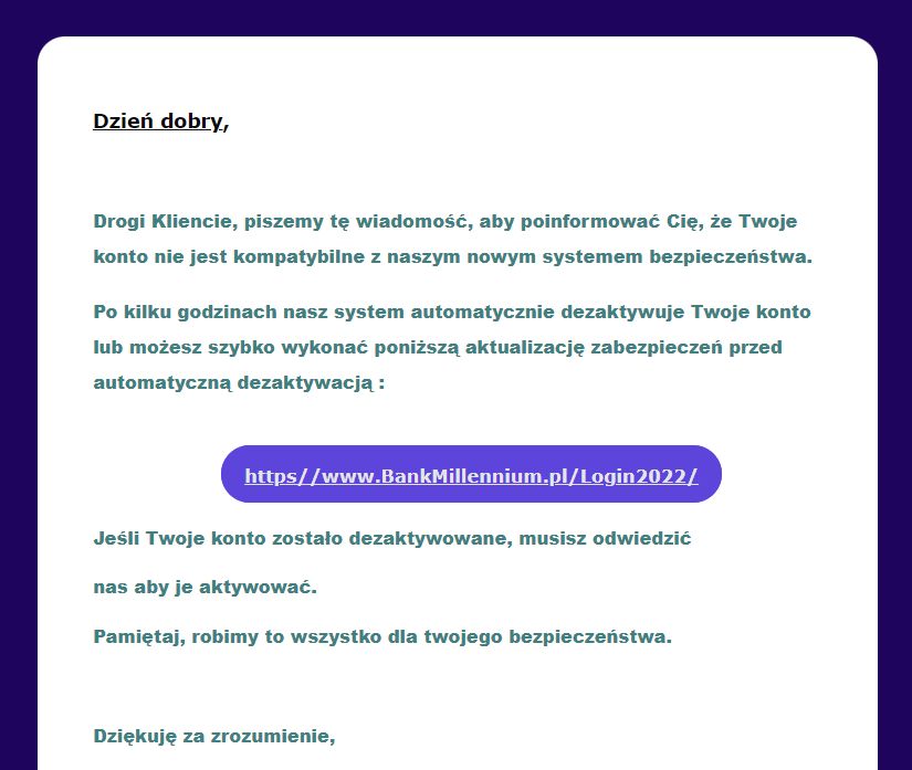 Fałszywy e-mail z wykorzystaniem wizerunku Banku Millennium