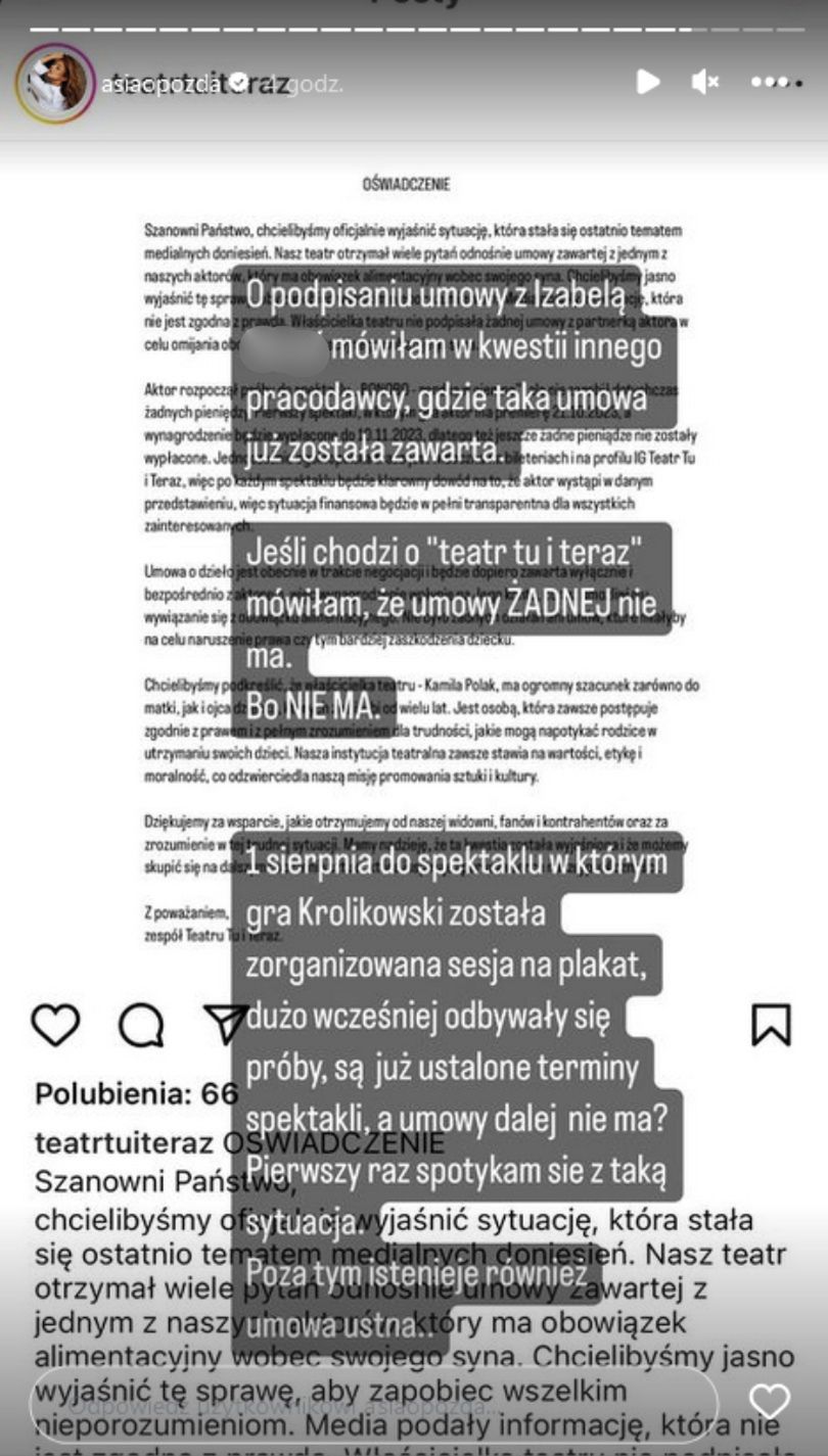 Joanna Opozda reaguje na oświadczenie teatru "Tu i teraz"