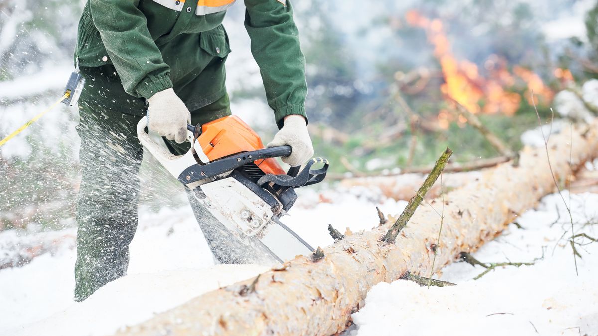 Na zdjęciu osoba wycinająca drzwo w scenerii zimowej