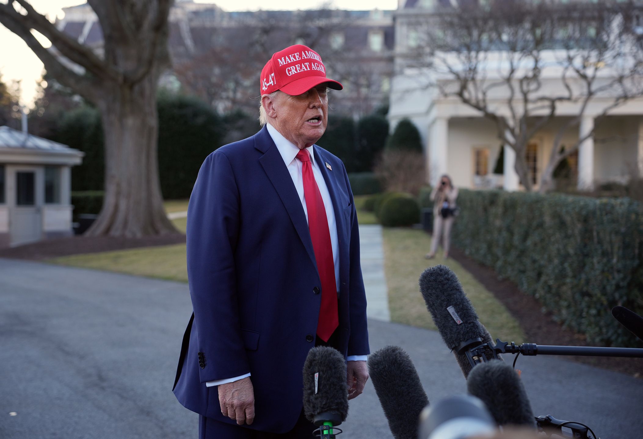 WASHINGTON, DC - FEBRUARY 28: U.S. President Donald Trump speaks as he departs the White House on February 28, 2025 in Washington, DC. Trump spoke on his contentious Oval Office meeting with Ukrainian President Volodymyr Zelensky. (Photo by Andrew Harnik/Getty Images)