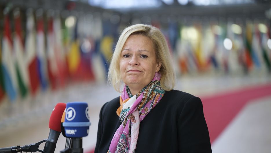 BRUSSELS, BELGIUM - DECEMBER 8: German Minister of the Interior and Community Nancy Faeser talks to media prior an EU home affairs Ministers meeting in the Europa, the EU Council headquarter on December 8, 2022 in Brussels, Belgium. Today, EU home affairs ministers will discuss the full application of the Schengen acquis in Bulgaria, Croatia and Romania and will look at the overall state of the Schengen area. Ministers will assess progress on the regulation to prevent and combat child sexual abuse. They will also exchange views on the external dimension of migration and the situation along the main migratory routes, as well as on the home affairs aspects of Russias aggression against Ukraine. (Photo by Thierry Monasse/Getty Images)