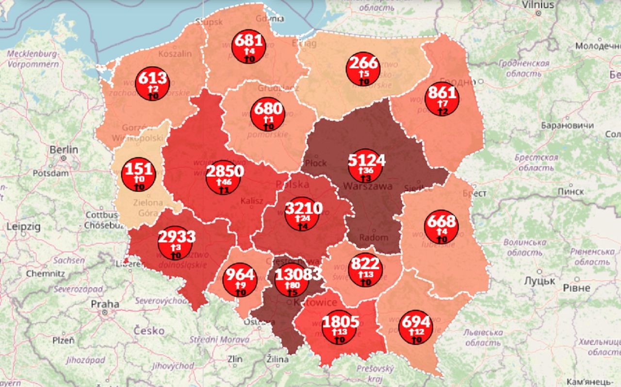 Mapa koronawirusa w Polsce. Przybywa zachorowań na COVID-19. Zmarło kolejnych 15 osób