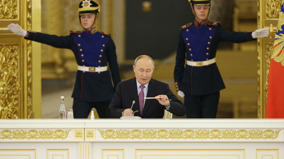 MOSCOW, RUSSIA - DECEMBER 5 (RUSSIA OUT) Russian President Vladimir Putin (C) prepares to speech as officers of the Presidential Regiment close the door during the Council of Strategic Development and National Projects, at the Grand Kremlin Palace, December 5, 2024, in Moscow, Russia. President Putin held a meeting with participants of the State Council, ministers, governors and other top officials. (Photo by Contributor/Getty Images)