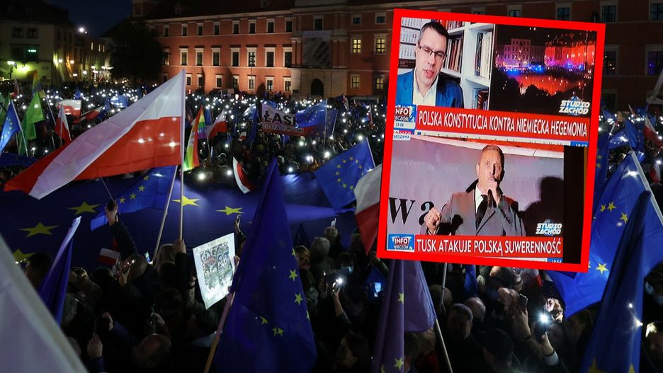 TVP Info ilustrowało wiec w Warszawie takimi paskami jak np. "Tusk atakuje polską suwerenność"